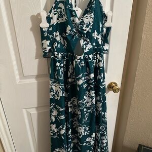 Floral teal/green color Halter Maxi Dress